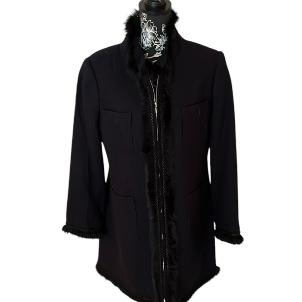 Dalia size 12 black 3/4 length coat front zip rabbit fur trim, pockets